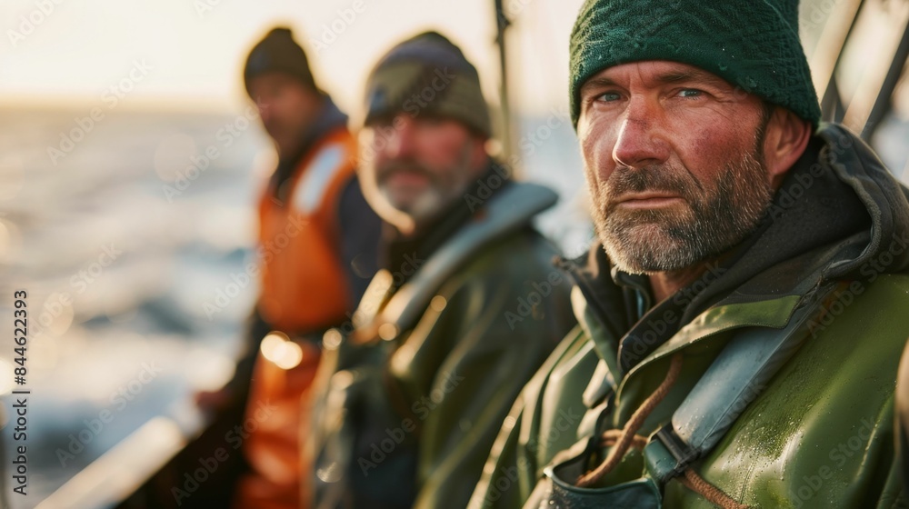 Three men with beards wearing life jackets and hoods on a boat in the rain. Three men with beards wearing life jackets and hoods on a boat in the rain.