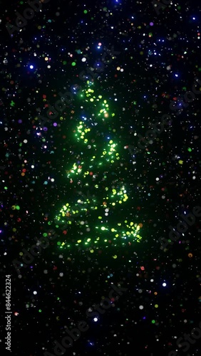 Abstract Christmas Tree with blinking sparkling shining glitter decoration and defocused lights.  4K video animation 3d rendering.