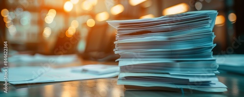 Stack of papers on a desk with blurred background.
