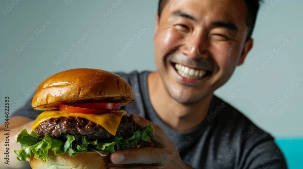 A man with a joyful expression holding a large appetizing cheeseburger with lettuce and tomato. A man with a joyful expression holding a large appetizing cheeseburger with lettuce and tomato.