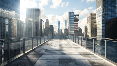 The rooftop in the middle of downtown with railing and view of the modern city skyscrapers upwards