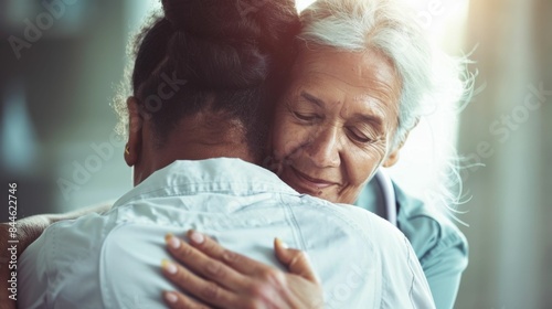 An elderly woman with white hair wearing a blue shirt embracing a younger woman with dark hair wearing a white shirt both smiling warmly conveying a sense of love and care.