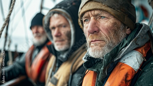 Three weathered men in life jackets looking out at the sea aboard a boat with a focus on the man in the center.