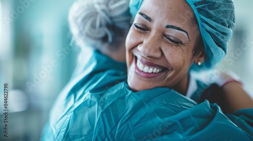 Hospital worker in blue scrubs smiling broadly embracing a colleague both wearing hairnets in a brightly lit room with a blurred background. photo