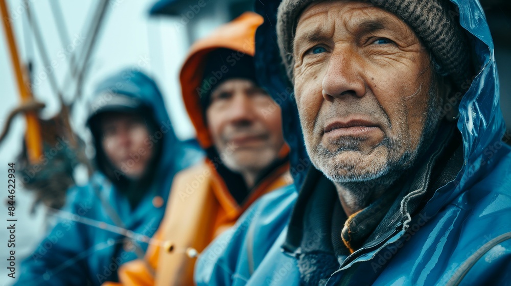 Three men on a boat dressed in rain gear looking ahead with focused expressions possibly during a fishing trip or a maritime adventure. Three men on a boat dressed in rain gear looking ahead with focused expressions possibly during a fishing trip or a maritime adventure.