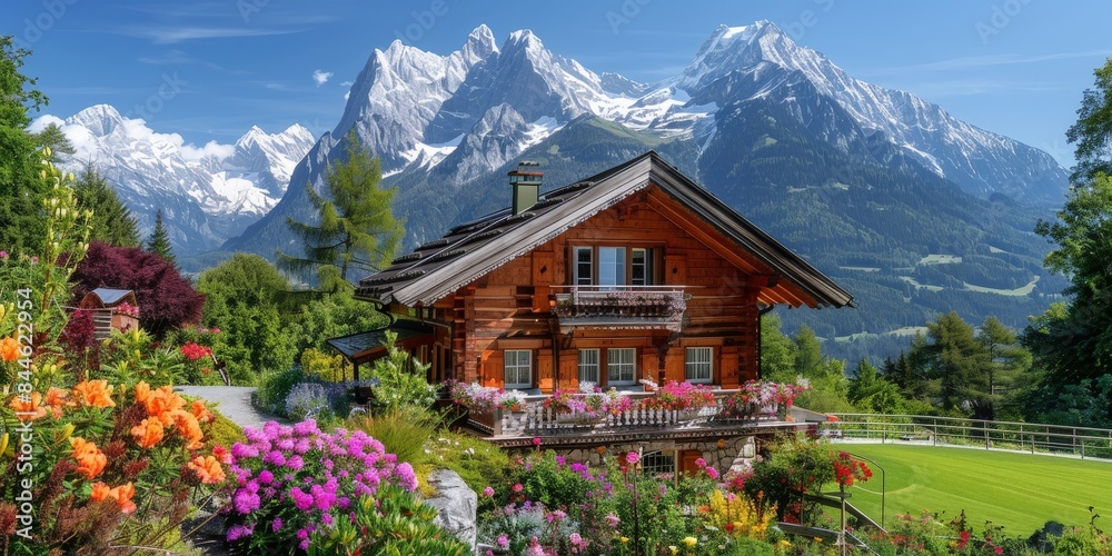 Charming mountain chalet with blooming garden and stunning alpine backdrop, surrounded by lush greenery and vibrant flowers on a clear sunny day. Charming mountain chalet with blooming garden and stunning alpine backdrop, surrounded by lush greenery and vibrant flowers on a clear sunny day.