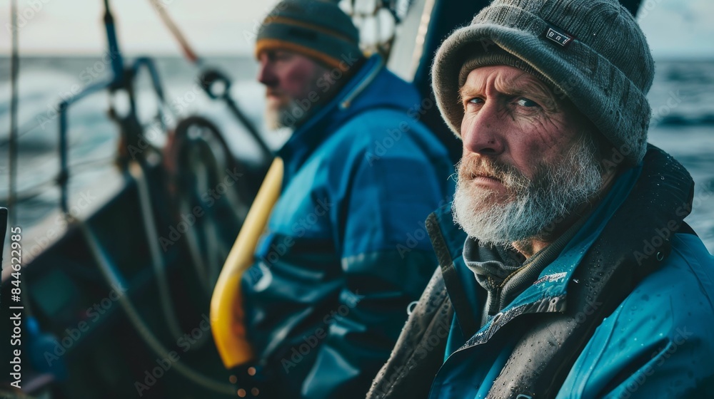 Two weathered men on a boat one with a stern expression and a gray beard both wearing blue jackets and hats looking out at the sea. Two weathered men on a boat one with a stern expression and a gray beard both wearing blue jackets and hats looking out at the sea.