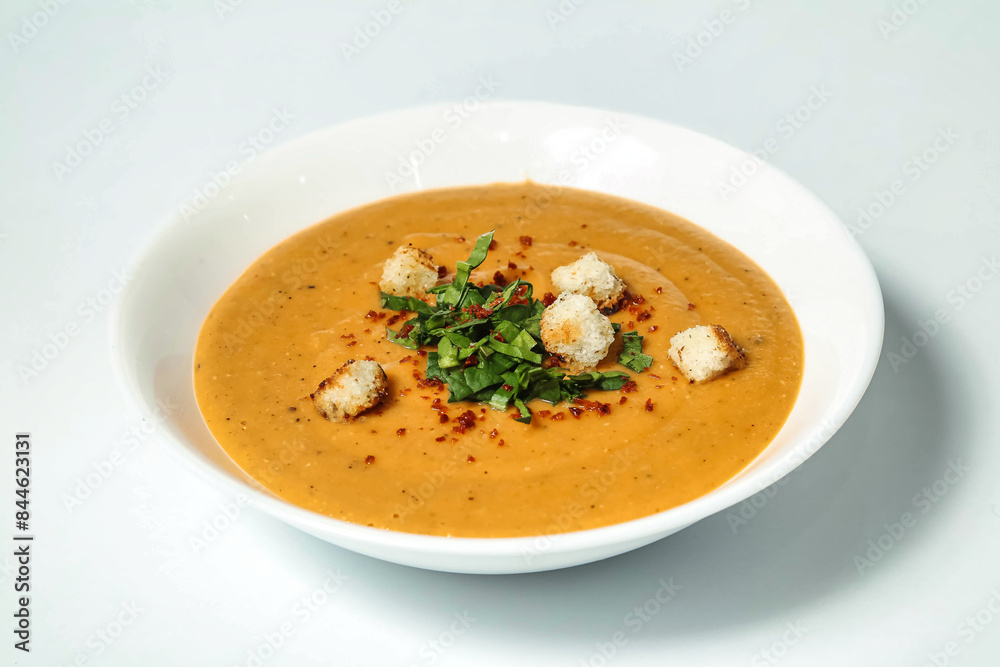 Savory Bowl of Soup With Croutons on Top Savory Bowl of Soup With Croutons on Top