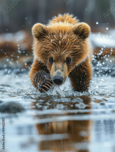 A brown bear catching salmon in its mouth photo