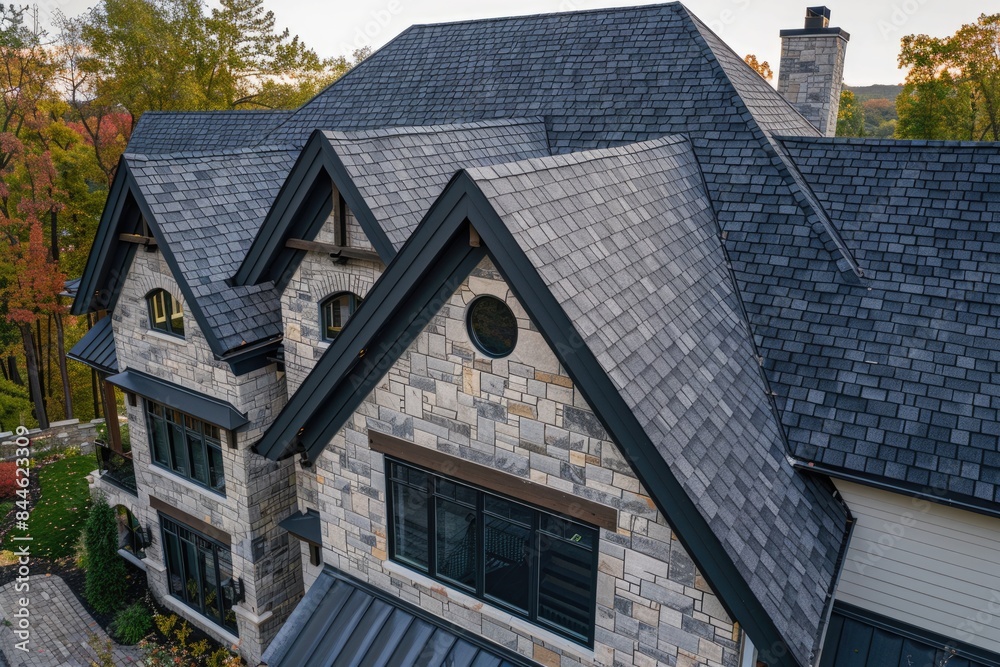 Architectural Roofing. Shingle Construction of Houses in City for Real Estate Marketing Architectural Roofing. Shingle Construction of Houses in City for Real Estate Marketing