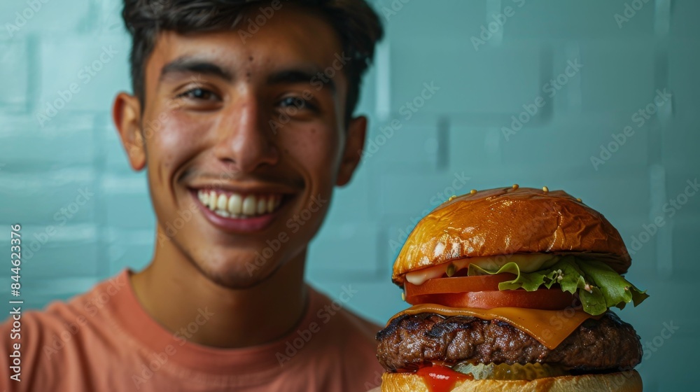 A young man with a radiant smile holding a towering appetizing burger with a variety of toppings against a vibrant blue backdrop.