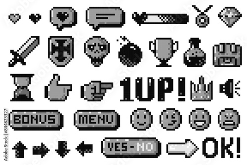 Black pixel game icons. 8 bit arcade game assets, simple cursor hand icons, health bar, UI buttons, emoticon faces. Vector isolated collection
