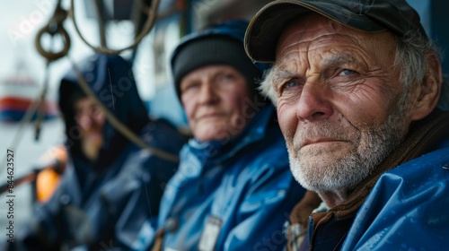 Three elderly men wearing blue jackets and hats sitting on a boat looking ahead with serious expressions. © iuricazac