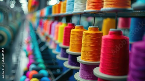 Closeup of Colorful Thread Spools on a Spinning Machine