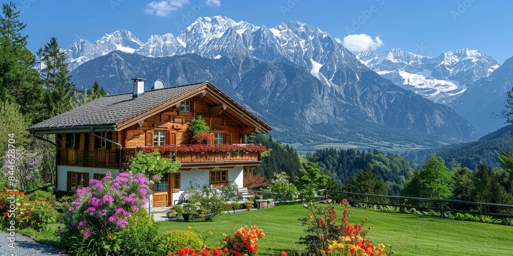 Charming mountain chalet with blooming garden and stunning alpine backdrop, surrounded by lush greenery and vibrant flowers on a clear sunny day.