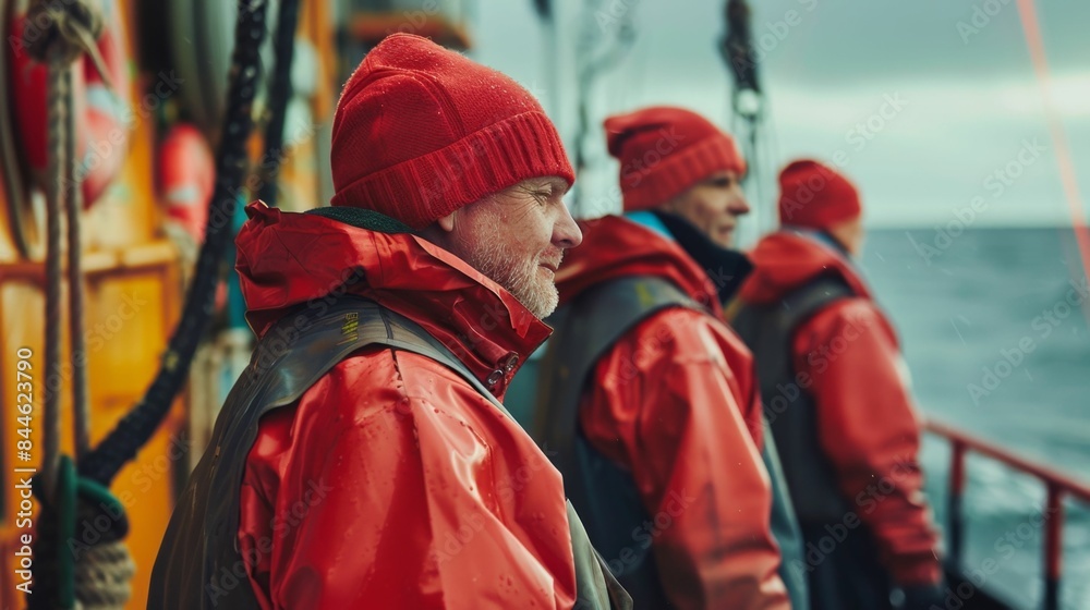 Three individuals clad in red jackets and hats standing in a snowstorm with snowflakes visible in the air and on their clothing. Three individuals clad in red jackets and hats standing in a snowstorm with snowflakes visible in the air and on their clothing.