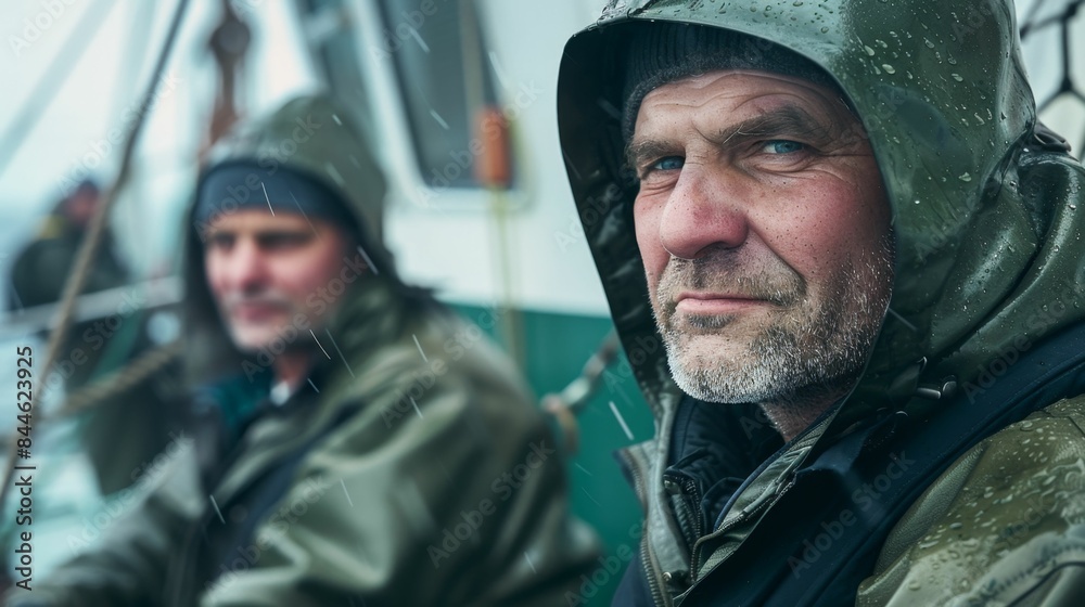 Two men in rain gear on a boat one looking at the camera with a serious expression the other looking away both with wet jackets indicating recent rain or spray from the sea.