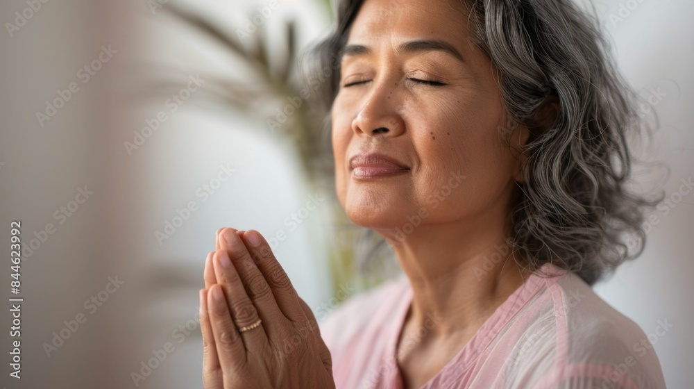 Woman with closed eyes hands clasped in prayer wearing pink blouse standing in front of blurred plant. Woman with closed eyes hands clasped in prayer wearing pink blouse standing in front of blurred plant.