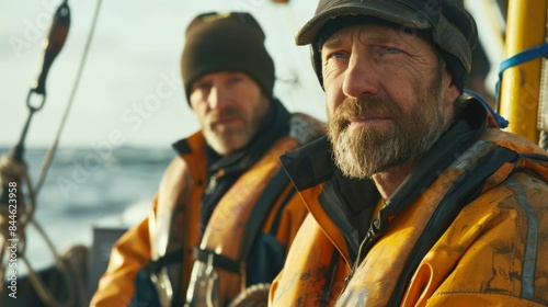 Two men in orange jackets with gray beards one looking at the camera the other looking away both wearing hats sitting on a boat.