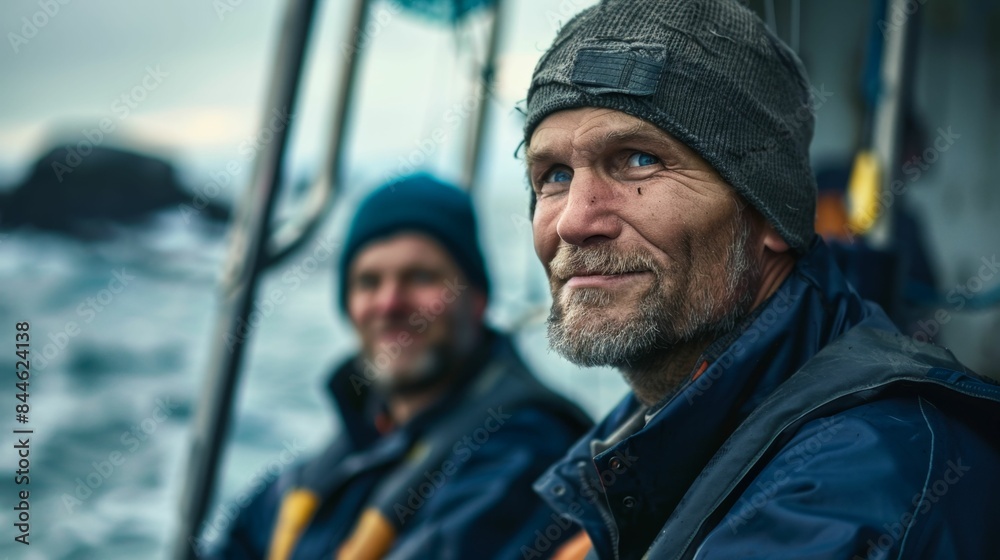 Two men on a boat one smiling both wearing hats looking out at the ocean. Two men on a boat one smiling both wearing hats looking out at the ocean.