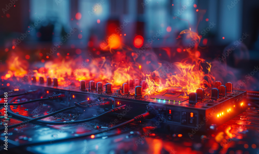 A photo of an electrical fire breaking out from the power strip on which it is placed A photo of an electrical fire breaking out from the power strip on which it is placed