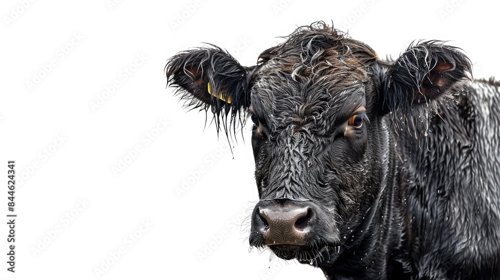 Black Cow on White Background. Close Up of Wet Belted Galloway Cattle in Agriculture Black Cow on White Background. Close Up of Wet Belted Galloway Cattle in Agriculture