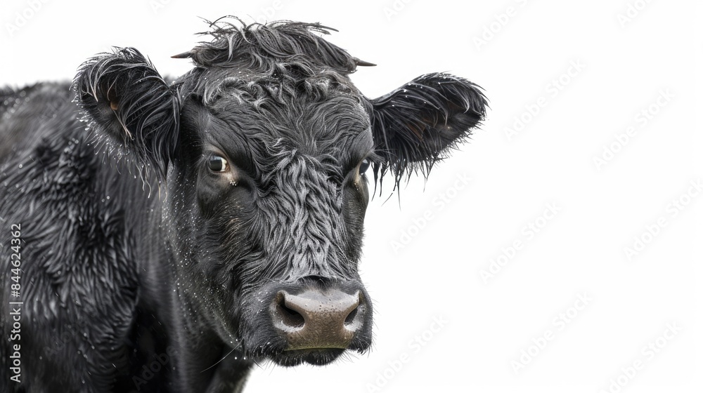 Black Cow on White Background. Close-up of Belted Galloway Cattle after Rain Black Cow on White Background. Close-up of Belted Galloway Cattle after Rain