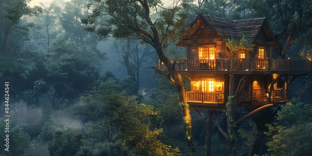 Cozy treehouse with warm glowing lights nestled in a mystical forest at twilight, surrounded by lush greenery and misty atmosphere. Cozy treehouse with warm glowing lights nestled in a mystical forest at twilight, surrounded by lush greenery and misty atmosphere.