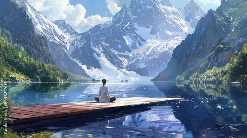 A serene scene of a person meditating on a wooden pier by a tranquil lake, surrounded by majestic snow-capped mountains photo
