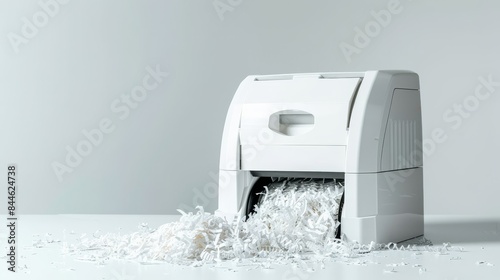 A modern paper shredder overflowing with shredded paper, illustrating the concepts of data destruction and office efficiency photo