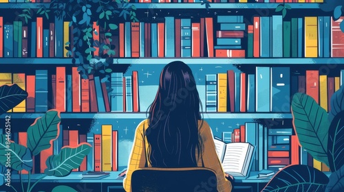 An illustration of a young woman sitting on a stack of books, deeply engrossed in reading, surrounded by a whimsical, leafy backdrop