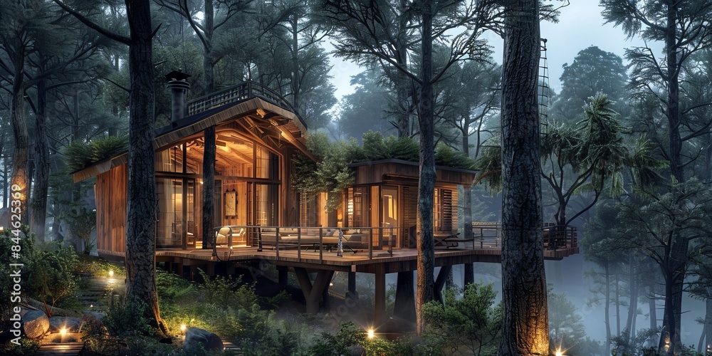 Fototapeta premium Cozy treehouse with warm glowing lights nestled in a mystical forest at twilight, surrounded by lush greenery and misty atmosphere.