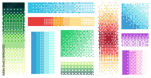 Pixel color gradient. Retro 80s 90s colorful mosaic grid, geometric digital rainbow background with random rainbow shapes. Vector texture