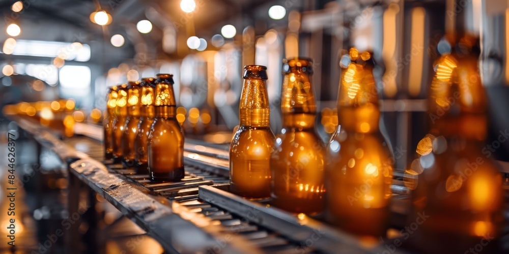 Beer bottles moving along a production line in a brewery, illuminated by warm lights, showcasing the brewing process and industrial setting. Beer bottles moving along a production line in a brewery, illuminated by warm lights, showcasing the brewing process and industrial setting.