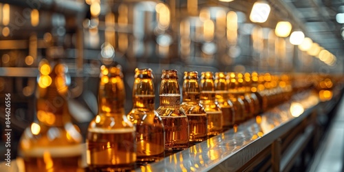 Beer bottles moving along a production line in a brewery, illuminated by warm lights, showcasing the brewing process and industrial setting.
