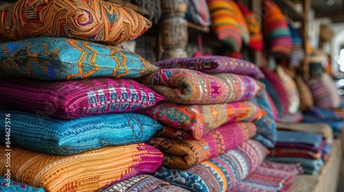 A colorful stack of embroidered pillows for sale at a market stall. © Nic