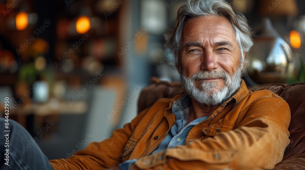 A relaxed older man with a gray beard and casual clothing smiles warmly in a leather armchair A relaxed older man with a gray beard and casual clothing smiles warmly in a leather armchair