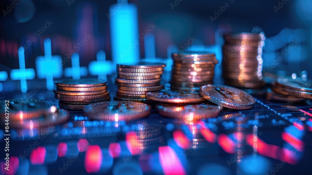 Conceptual financial analysis with glowing charts and stacks of coins on a blue overlay Conceptual financial analysis with glowing charts and stacks of coins on a blue overlay