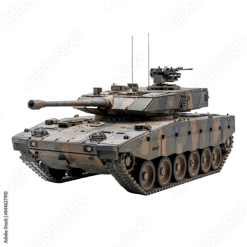 CV90 infantry fighting vehicle isolated on transparent png background. A large military tank with a camouflage pattern sits on a white background