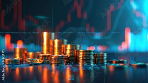 Wallpaper Mural Conceptual financial analysis with glowing charts and stacks of coins on a blue overlay Torontodigital.ca