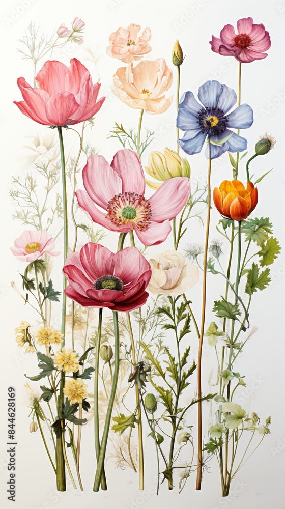 Fototapeta premium Botanical Illustration: Detailed watercolor drawing of flowering plants in retro style