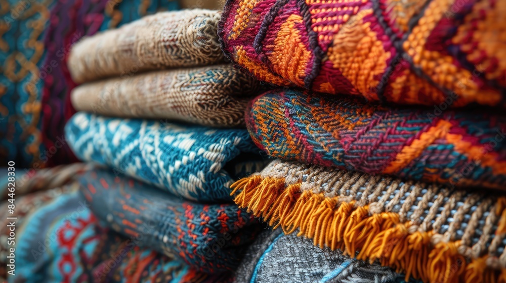 A colorful stack of woven rugs with intricate patterns and fringed edges. A colorful stack of woven rugs with intricate patterns and fringed edges.