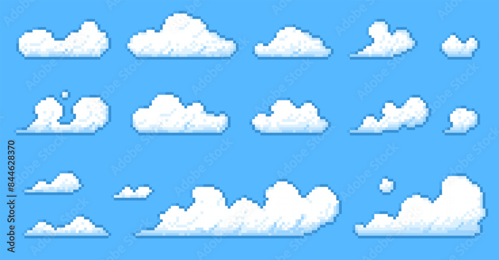Pixel clouds. Retro 8 bit flying fluffy white clouds, 16 bit sky heaven background with cartoon meteorology elements. Vector game asset set Pixel clouds. Retro 8 bit flying fluffy white clouds, 16 bit sky heaven background with cartoon meteorology elements. Vector game asset set