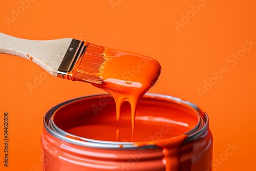 A brush dripping bright orange paint into an open paint can against a vibrant orange background. Decorating, Home renovation.