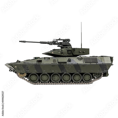 CV90 infantry fighting vehicle isolated on transparent png background. A green and black military tank with a large gun on top