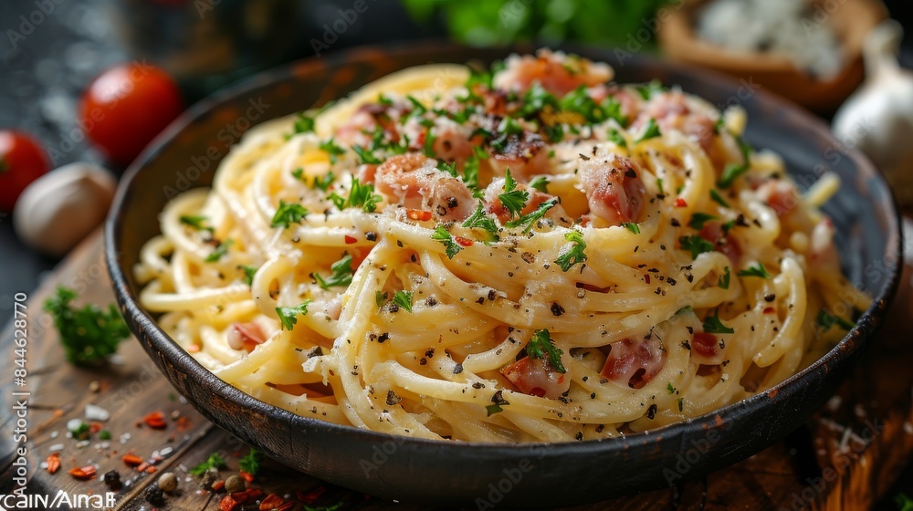Tantalizing spaghetti pasta served with bacon and parsley, in a rustic presentation on a table