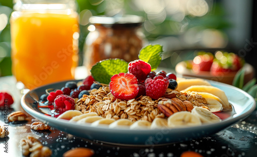 A plate of fruit and granola with a glass of orange juice