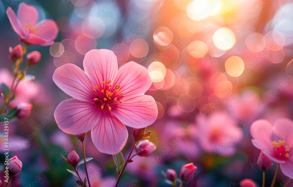 A field of pink flowers with a bright sun in the background