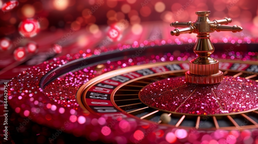 Detailed image of a casino roulette wheel bathed in glittering red and sparkling light reflections Detailed image of a casino roulette wheel bathed in glittering red and sparkling light reflections