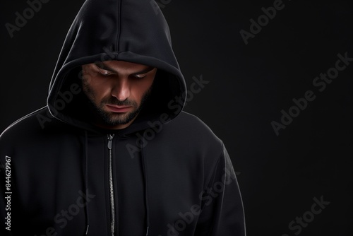 Man wearing black hoodie, faceless on black background, hacker concept with copy space